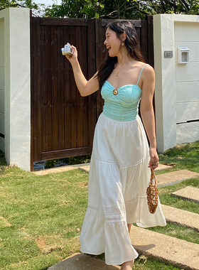 ooh itch痒痒 白色半身裙长款高腰法式气质度假风长裙蛋糕裙夏季