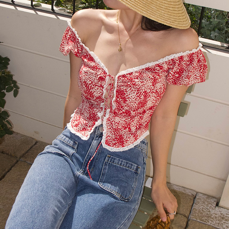 法式复古碎花绑带红色短袖上衣