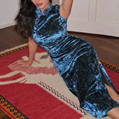 钻石丝绒修身 ooh itch痒痒「蓝色妖姬」新中式 旗袍连衣裙开叉裙