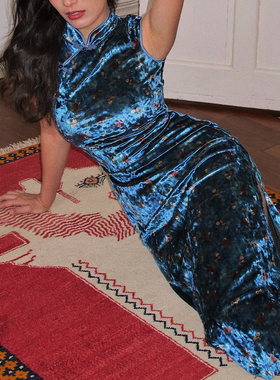 ooh itch痒痒「蓝色妖姬」新中式钻石丝绒修身旗袍连衣裙开叉裙