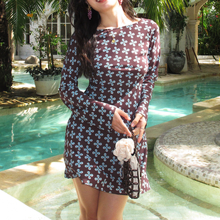 复古印花连衣裙长袖 法式 修身 显瘦基础款 裙子 ooh a字短款 itch痒痒