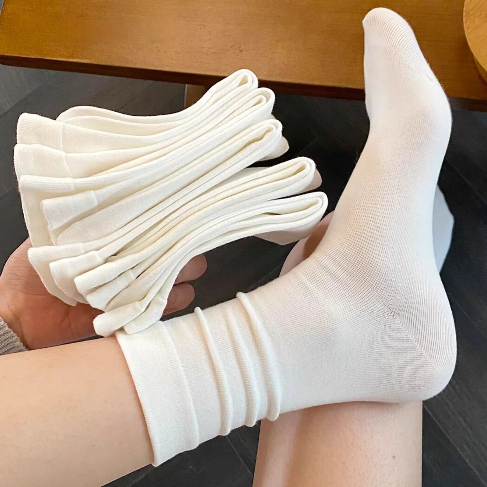 白色堆堆袜子女款夏季薄款中筒袜无骨纯棉防臭月子袜配小皮鞋长袜