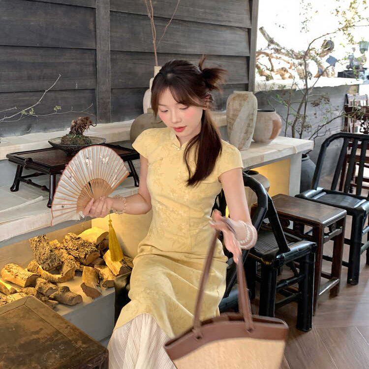 小个子夏季裙子女新中式日常黄色好看连衣裙旗袍高级长裙