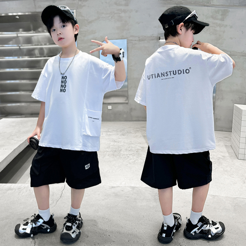 2025新款夏季男童时尚套装白色T恤黑色短裤百搭休闲潮款