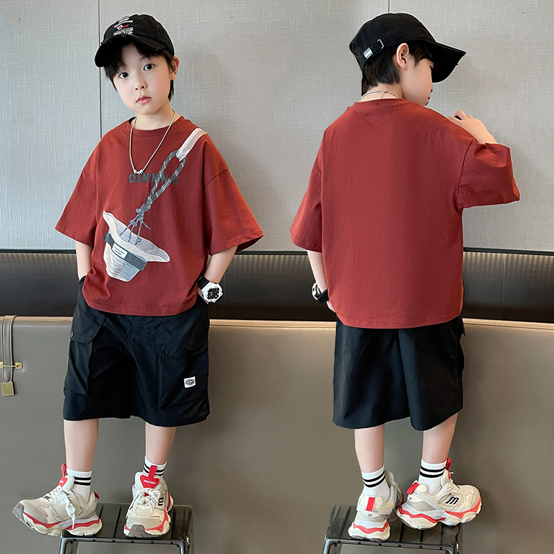 男童中大童夏季新款印花休闲宽松韩版绑带帽子上衣纯棉套装