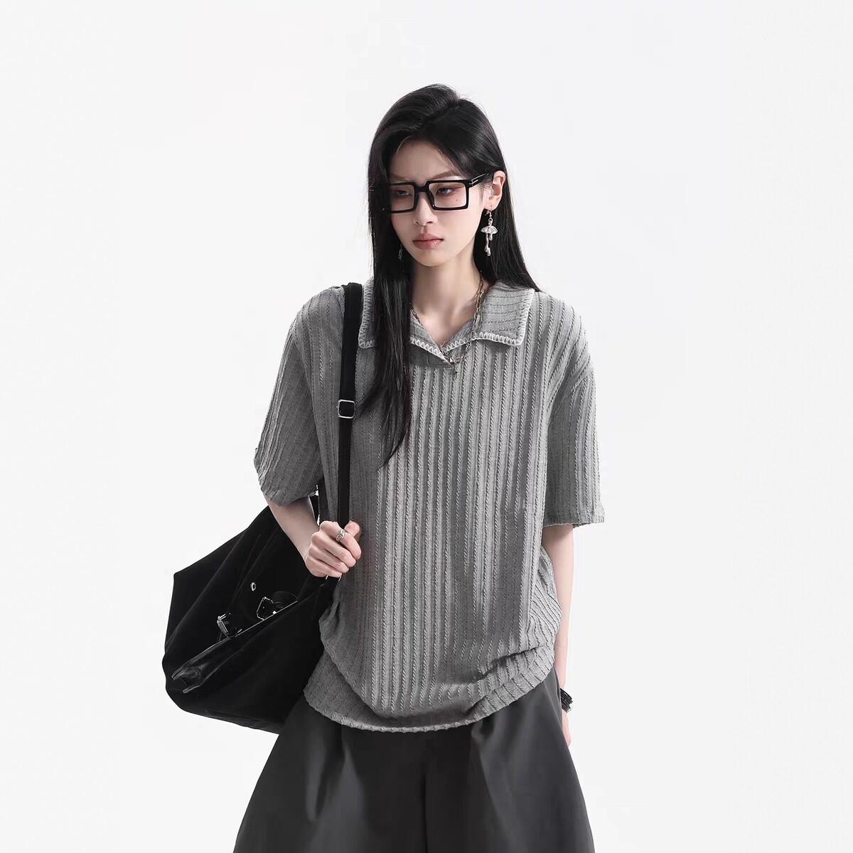 一度唯一I美式复古polo短袖女夏季麦穗纹针织衫宽松t恤情侣上衣 - 实物图