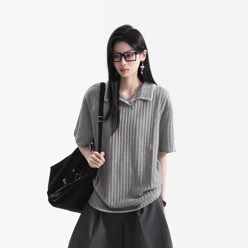 一度唯一I美式复古polo短袖女夏季麦穗纹针织衫宽松t恤情侣上衣