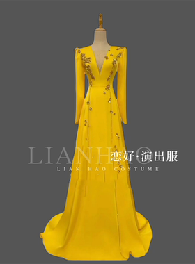 恋好演出服优雅深V显瘦长袖礼服