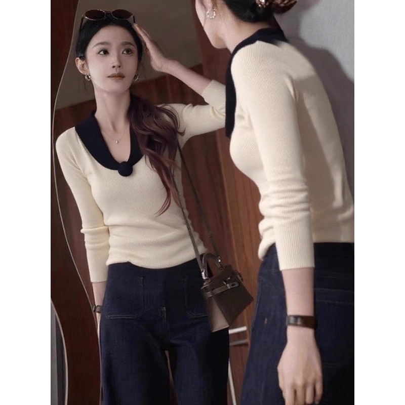 高级感撞色V领针织毛衣女秋冬2025新款洋气减龄修身百搭长袖上衣