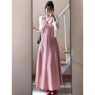 法式 海边度假收腰显瘦吊带裙子 复古格子v领无袖 挂脖连衣裙女夏季