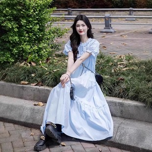 气质温柔风宽松显瘦甜美长裙 法式 蓝色木耳边短袖 连衣裙女夏季 新款