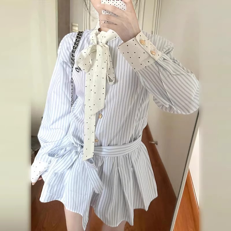 学院风长袖条纹衬衫连衣裙子女夏季韩系小个子收腰设计高级感穿搭