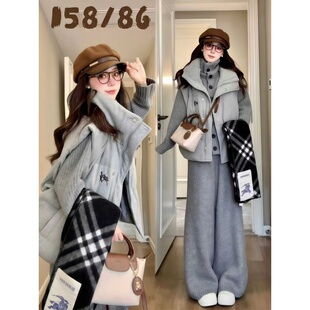 秋冬韩式慵懒chic套装女松弛感背心棉服高领针织开衫休闲阔腿裤子