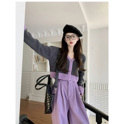 韩版撞色V领短款针织开衫女秋冬新款软糯百搭慵懒风拼色灰色毛衣
