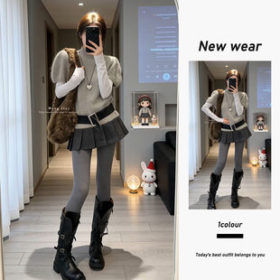 巨好看冬装一整套裙慵懒韩版针织衫内搭修身上衣百褶高腰短裙套装