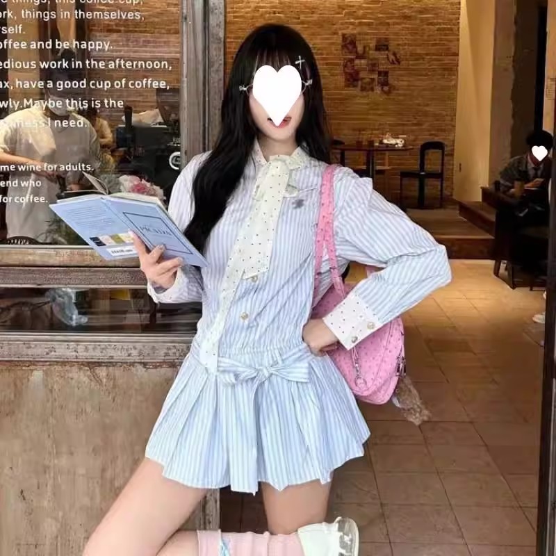 学院风拼接撞色条纹长袖连衣裙女夏季新款宽松休闲蝴蝶结系带裙子