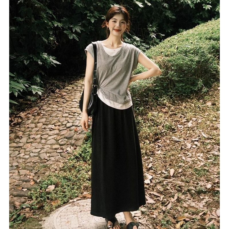 灰色假两件拼接短袖T恤女夏季2025新款设计感小众宽松小飞袖上衣