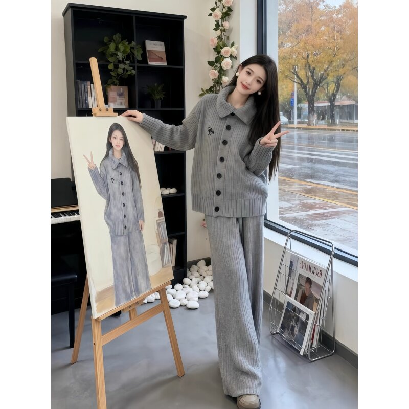 复古风灰色棉衣棉马甲女款秋冬宽松软糯保暖棉服外套叠穿针织套装