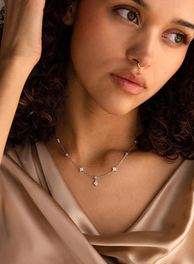 轻奢缎带水钻花瓣吊坠锁骨链女