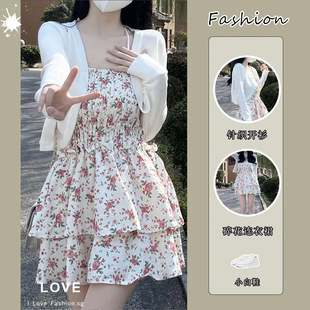 上衣两件套 套装 女2025夏款 新款 甜美收腰碎花连衣裙A字裙开衫