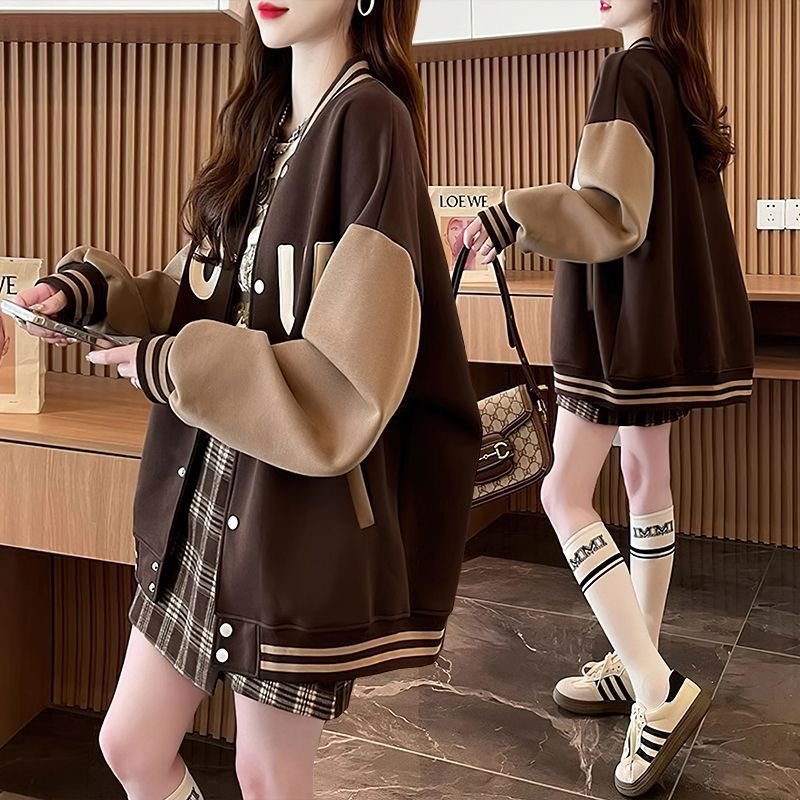 大码女装开衫卫衣女薄款刺绣春秋冬季新款韩版百搭加绒棒球服外套