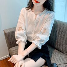七分袖白衬衫女2025新款刺绣镂空泡泡袖纯棉衬衣高级感小个子上衣