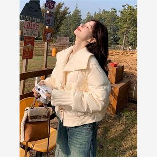 白色短款羽绒棉服女冬季大码宽松时尚针织大翻领棉衣拼接棉袄外套