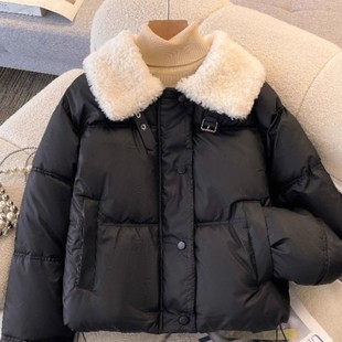 羊羔绒毛领正肩黑色羽绒棉服外套女2024冬新款大码胖mm短款面包服