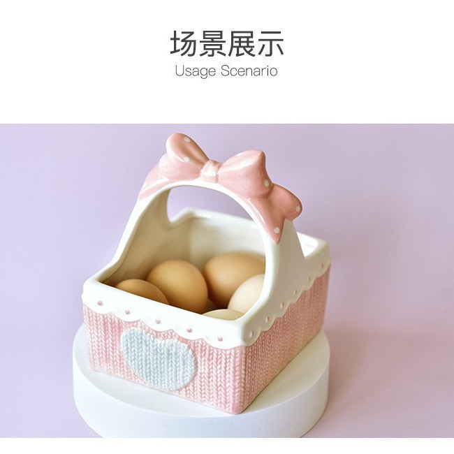 粉色心陶瓷手提篮 插花篮收纳储物家居用品花蓝摆件仓鼠提篮