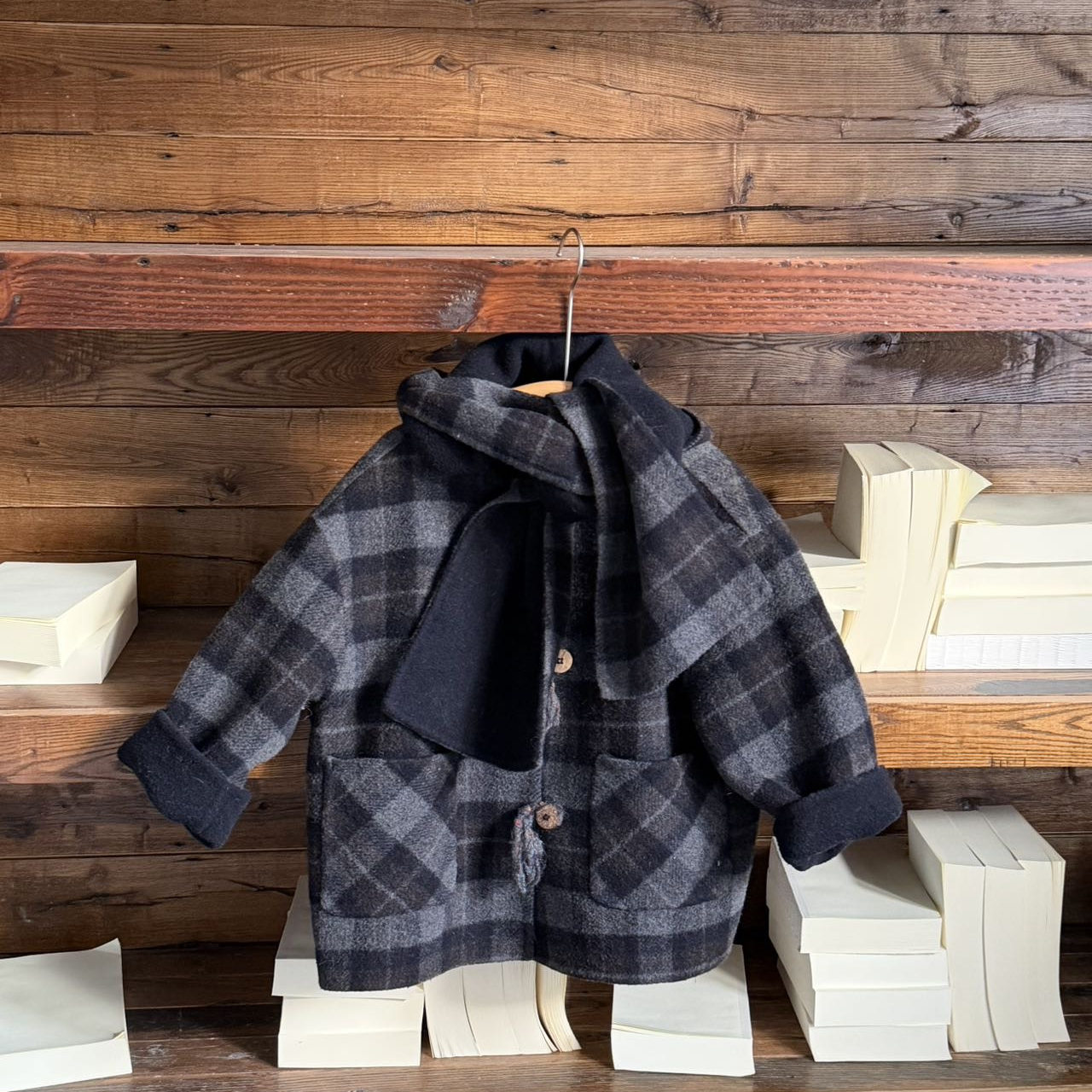 冬季日系格纹儿童羊毛双面呢大衣