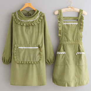 围裙厨房家用做饭护衣工作服 条绒长袖 时尚 可爱防污耐脏罩衣女新款