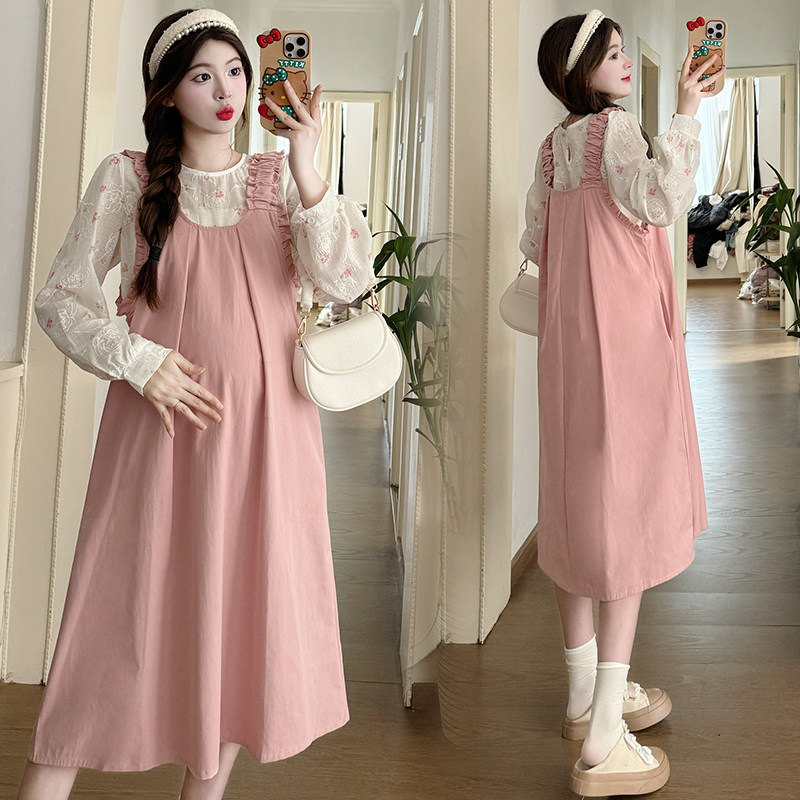 孕妇套装2025春秋季新款宽松圆领碎花长袖衬衣配背带裙韩版两件套