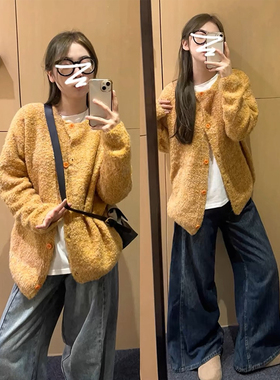 孕妇装黄色毛衣针织开衫外套春秋冬新款设计感小众宽松慵懒风上衣