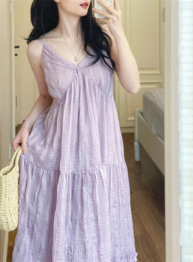 孕妇春夏装时尚款复古开衫紫色V领吊带连衣裙小众仙女中长款裙子