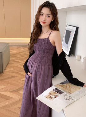 孕妇连衣裙春装新款简约紫色吊带连衣裙子+黑色开衫休闲两件套装