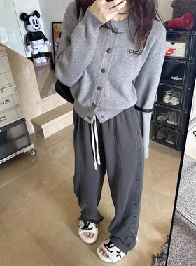 孕妇阔腿裤外穿春秋季时尚宽松显瘦灰色排扣拖地长裤休闲直筒裤子