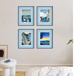 东筱ART蓝色多巴胺相框客厅风景装饰画四联套挂画餐厅壁画可定制