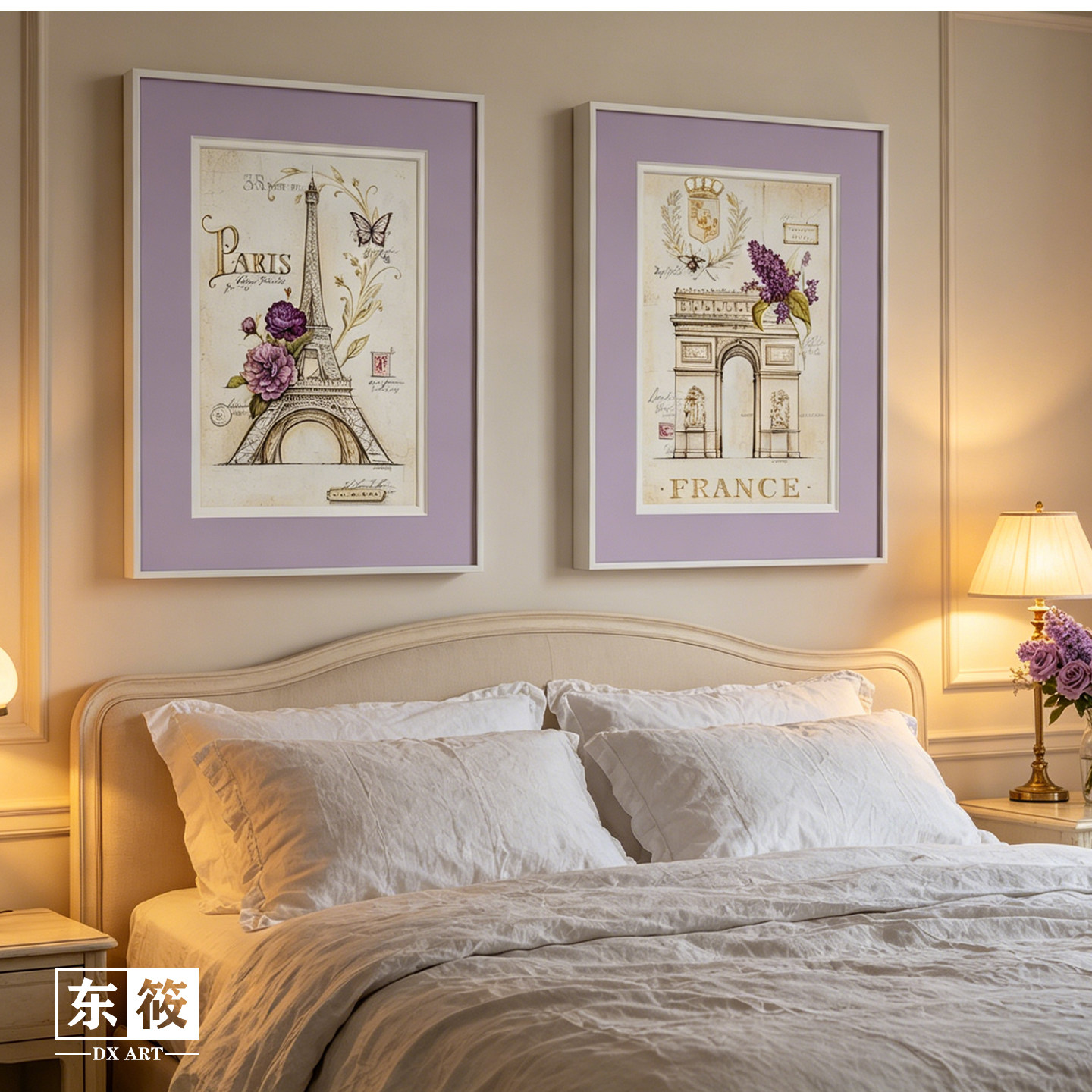 东筱法式浪漫花卉装饰画卧室有框挂画浅紫色卡纸埃菲尔铁塔凯旋门