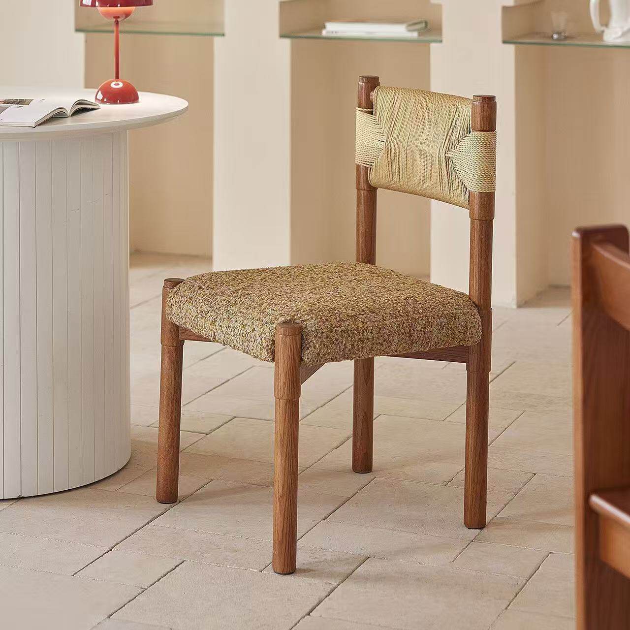 中古实木编织餐椅复古家用客厅格纹软包椅子法式设计师卧室梳妆椅