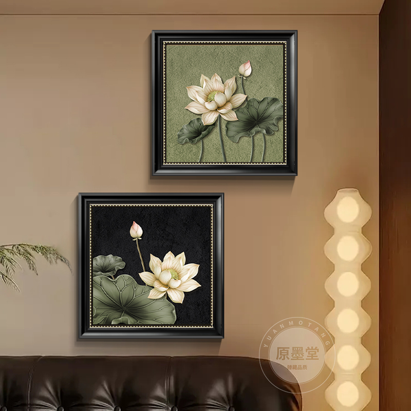 荷花中古风装饰画美式复古走廊过道挂画客厅餐厅卧室玄关边柜壁画图片