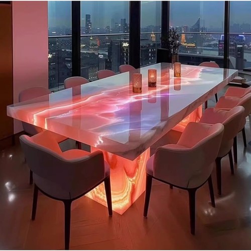 发光粉玉餐桌客厅家用小户型极边几简轻奢现代小桌子长方形餐台