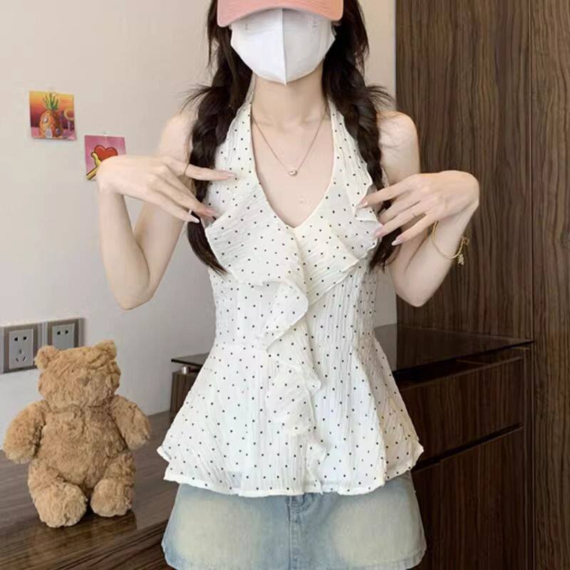 荷叶边甜美碎花挂脖雪纺背心女夏季压褶露背波点气质显瘦上衣衬衫图片