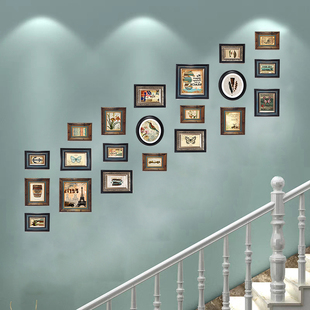 美式实木复古楼梯相框墙轻奢免打孔组合照片墙客厅餐厅复古背景墙