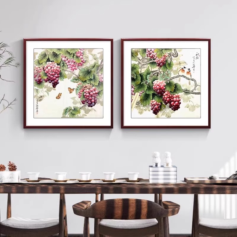 葡萄水果新中式餐厅装饰画餐桌饭厅背景墙挂画紫气东来玄关壁画图片