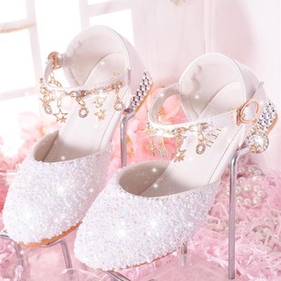 女童晚礼服鞋子包头女孩主持人水晶鞋公I主白色婚纱儿童女生高跟