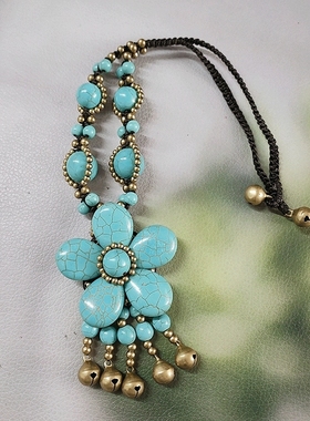 防水蜡线手工编织铜铃铛民族风大花项链女时尚夸张个性短款毛衣链