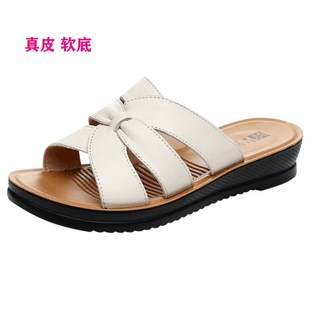 2025夏季 一字拖中老年妈妈沙滩女 女真皮拖鞋 平跟软底室外凉拖I鞋