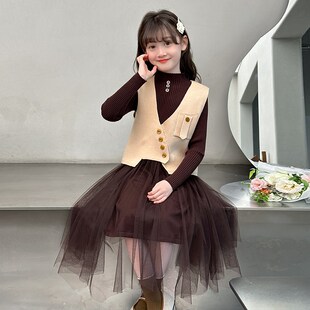 女童秋季连衣裙2024新款秋装儿童针织马甲网纱套装裙子时髦洋气冬