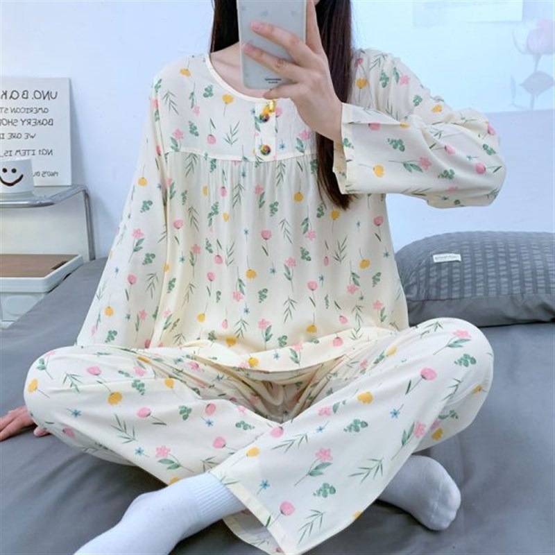 新款春秋夏季绵绸睡衣女长袖薄款纯棉绸I套装大码人造棉宽松家居