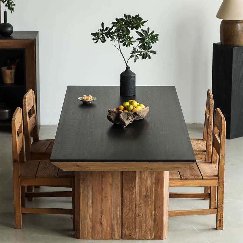 侘寂风黑色长方形实木餐桌六人老松木 橡木贴皮复古做旧家用桌子